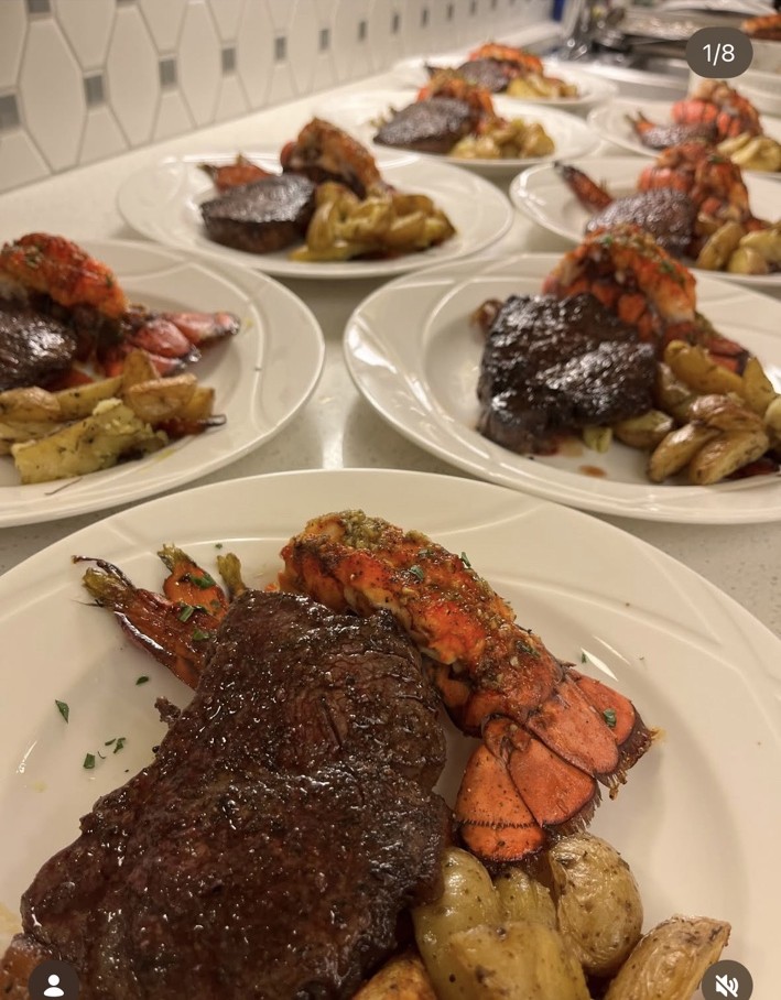 Alpine Table ribeye and lobster tails with roasted potatoes, plated for a private dinner